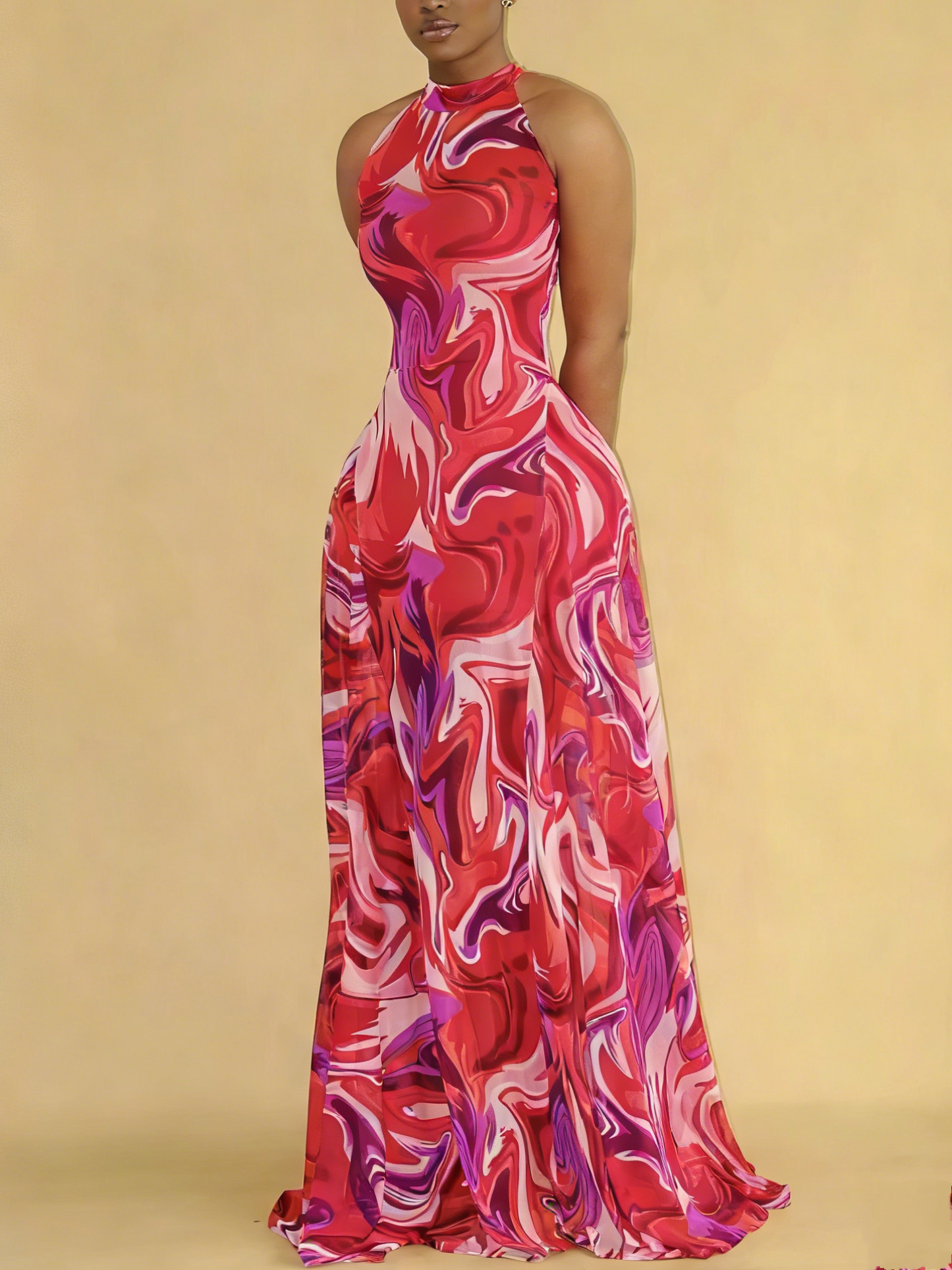 Red & Pink Marble Print Halter Neck Maxi Dress