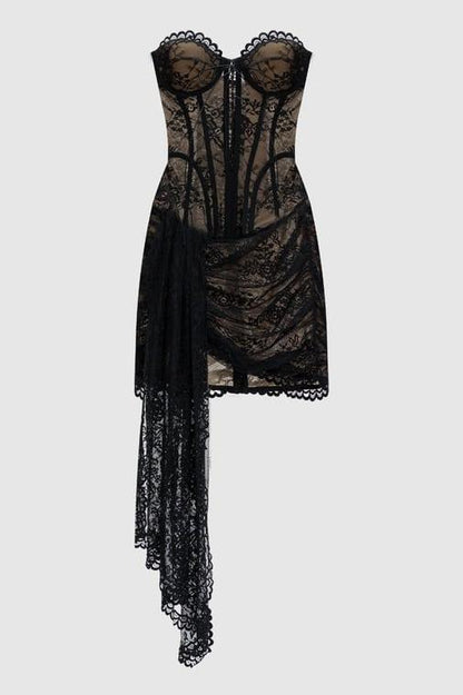Black Lace Corset Mini Dress with Asymmetric Drape
