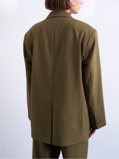Olive Green Oversized Double-Breasted Blazer and Wide-Leg Pants Set