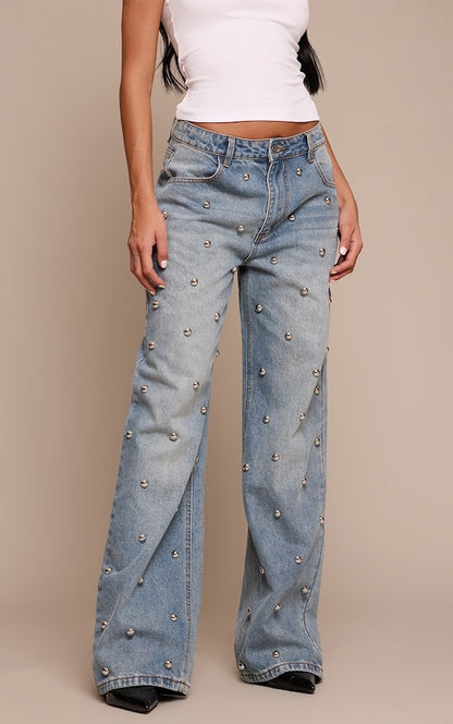 Blue Dome Stud High Waisted Denim Jeans