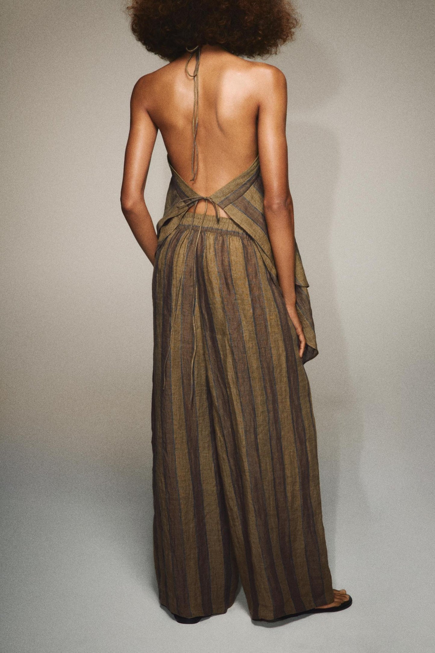 Earth Tone Striped Linen Halter & Wide-Leg Pants Two-Piece Set