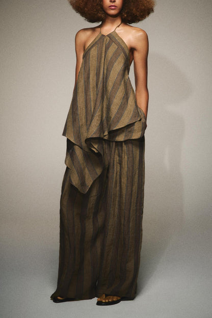 Earth Tone Striped Linen Halter & Wide-Leg Pants Two-Piece Set
