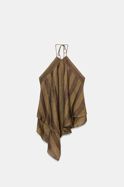 Earth Tone Striped Linen Halter & Wide-Leg Pants Two-Piece Set