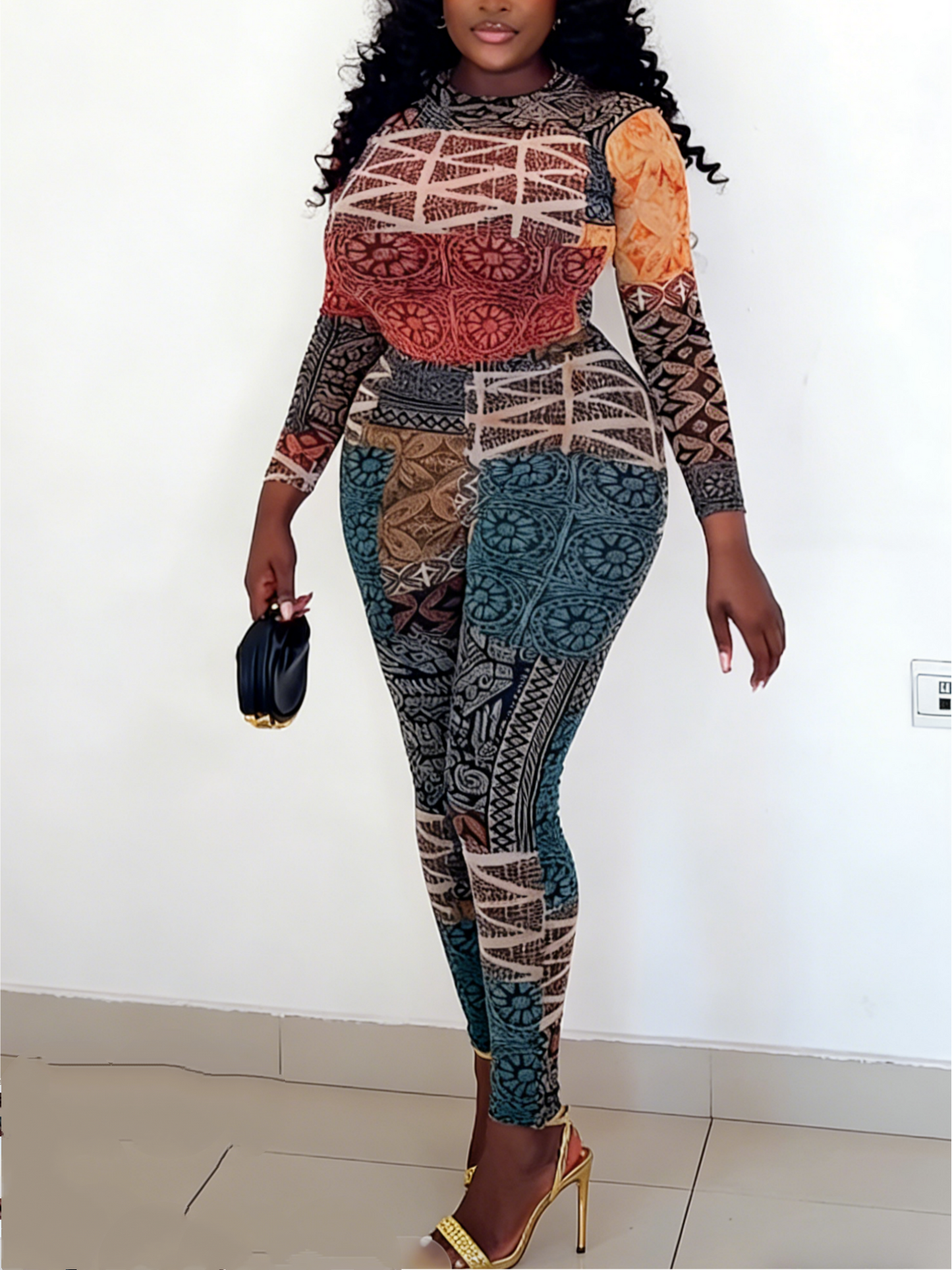 Bohemian Ethnic Print Sheer Mesh Long Sleeve Bodysuit & Leggings Two-Piece Set