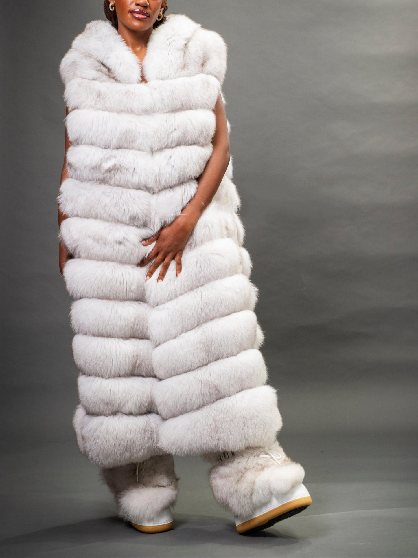 Stylish Long White Fox Fur Vest With Hood