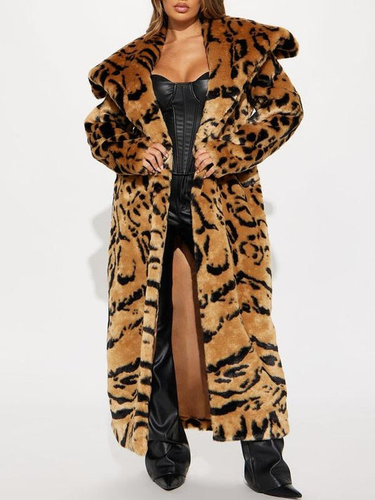 Longline Leopard Print Faux Fur Coat