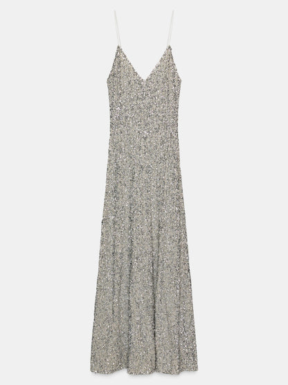 Glamorous Silver Sequin Spaghetti Strap Maxi Dress