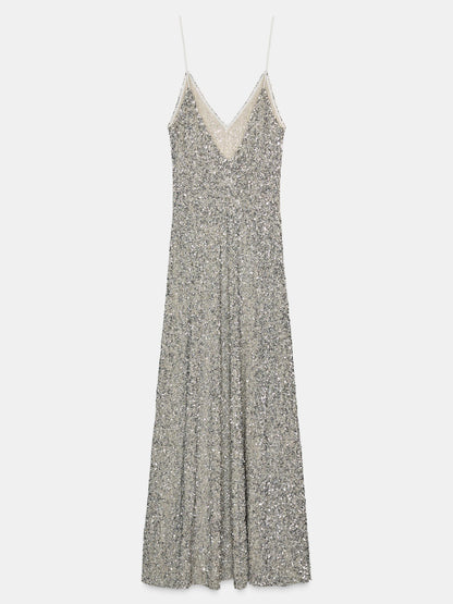 Glamorous Silver Sequin Spaghetti Strap Maxi Dress