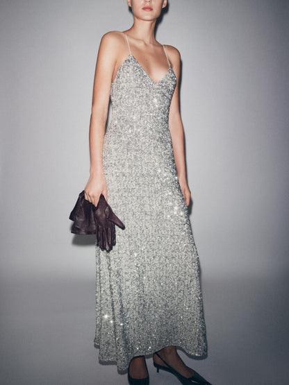 Glamorous Silver Sequin Spaghetti Strap Maxi Dress
