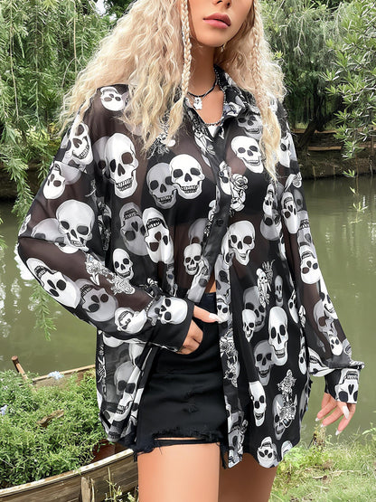 Grunge Skull Print Drop Shoulder Shirt