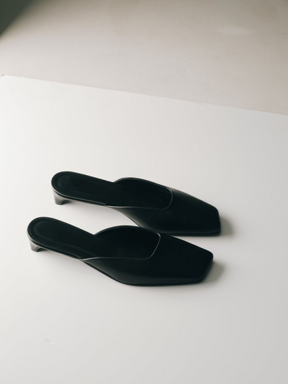 Black Leather Slip - on Heeled Mules