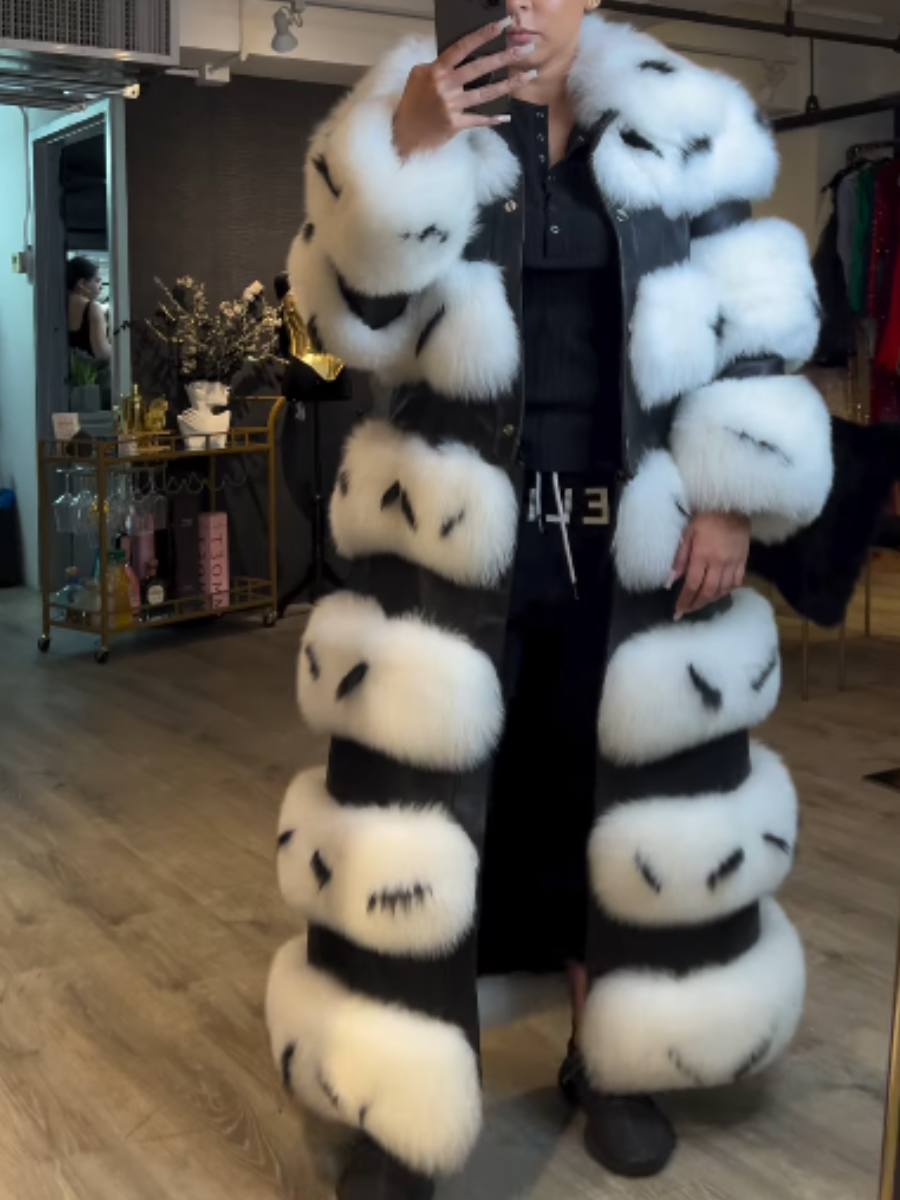 3in1 Zebra Stripe Fox Fur Leather Coat