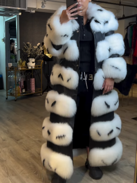 3in1 Zebra Stripe Fox Fur Leather Coat