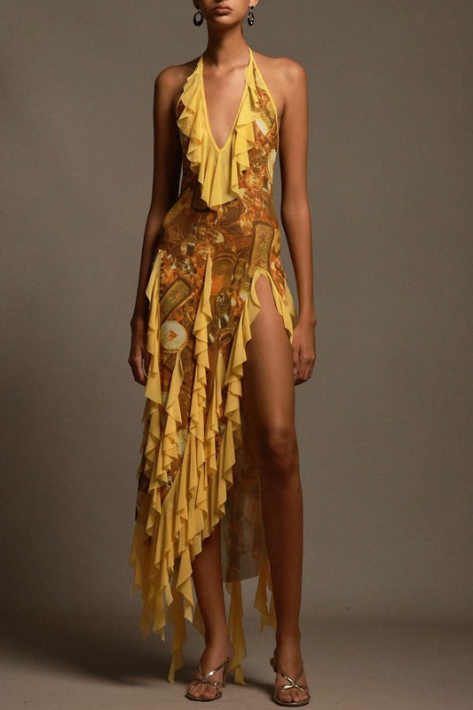 Golden Ruffled Halter Maxi Dress