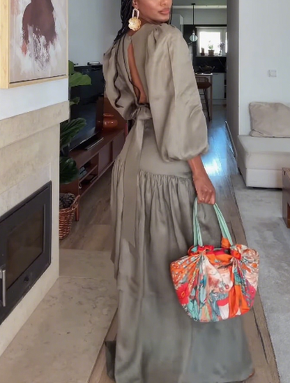 Elegant Maxi Dress with Cut - out Design and Puffed Sleeves