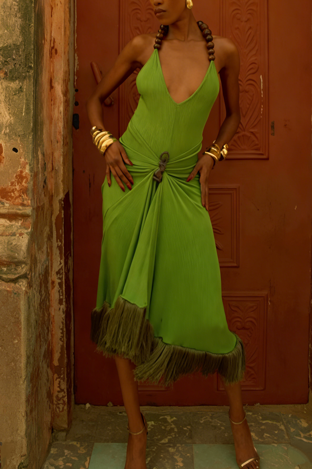 Lime Green Halter Backless Midi Dress with Beaded Spine Detail & Fringe Hem