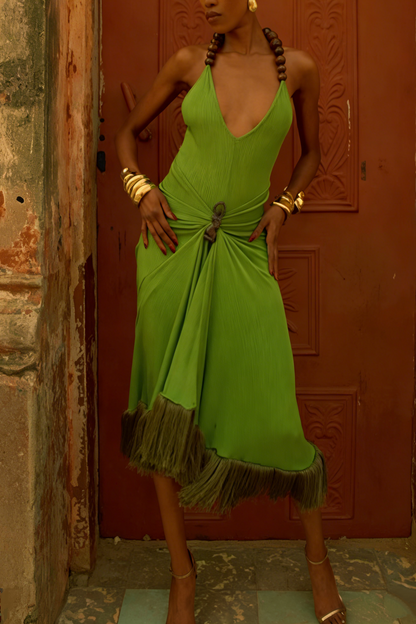 Lime Green Halter Backless Midi Dress with Beaded Spine Detail & Fringe Hem