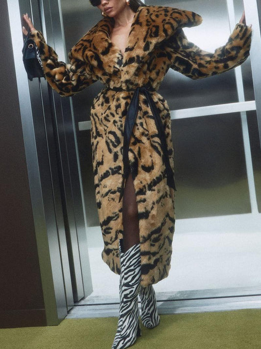 Longline Leopard Print Faux Fur Coat