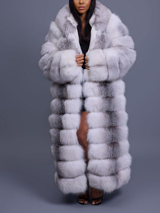 Long Length Fox Fur Trench Coat With Hood