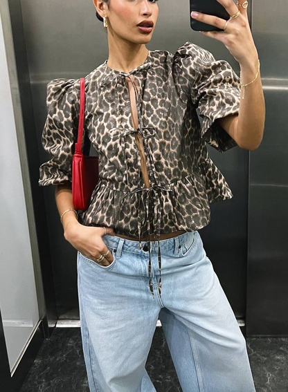 Leopard Print Peplum Top with 3/4 Sleeves
