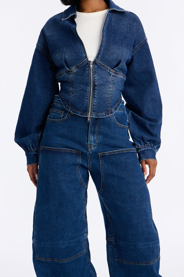 Curve-Hugging Denim Zip-Up Top & Oversized Barrel Pants Two-Piece Set