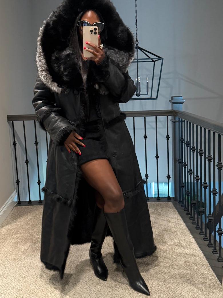 Stylish Long Shearling Fur Coat