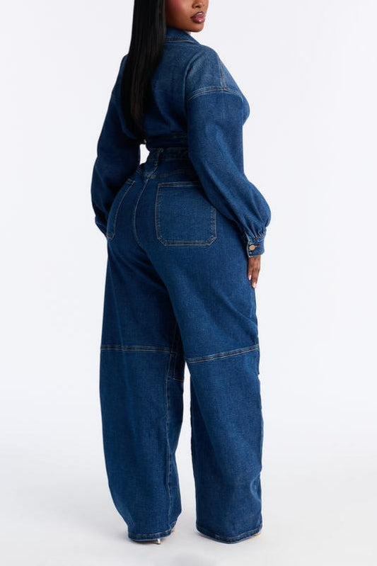 Curve-Hugging Denim Zip-Up Top & Oversized Barrel Pants Two-Piece Set