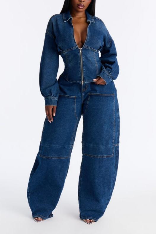 Curve-Hugging Denim Zip-Up Top & Oversized Barrel Pants Two-Piece Set