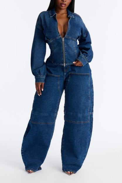 Curve-Hugging Denim Zip-Up Top & Oversized Barrel Pants Two-Piece Set
