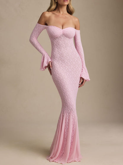 Soft Pink Off-Shoulder Ruffle Lace Maxi Dress