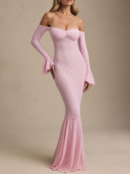 Soft Pink Off-Shoulder Ruffle Lace Maxi Dress