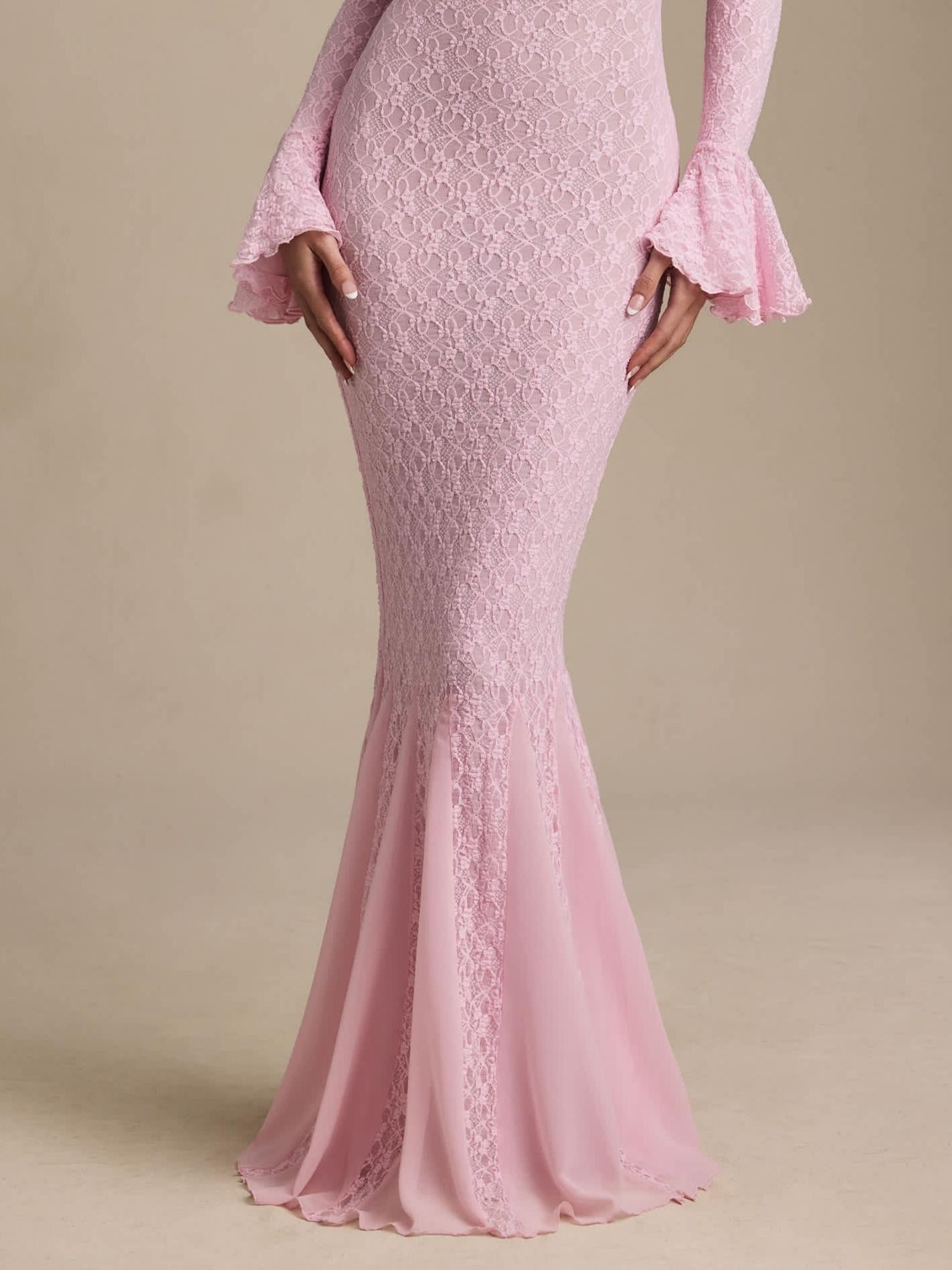Soft Pink Off-Shoulder Ruffle Lace Maxi Dress