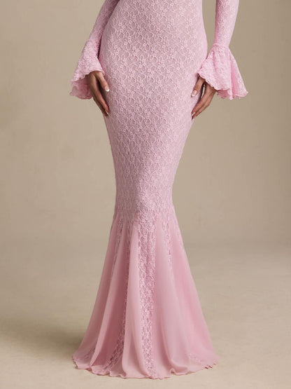 Soft Pink Off-Shoulder Ruffle Lace Maxi Dress
