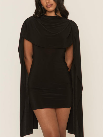 Black Gathered Cape Mini Dress
