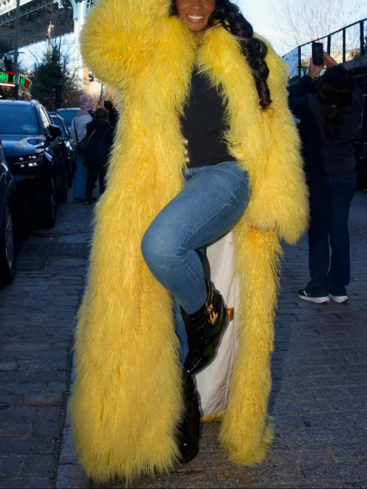 Chic & Warm Winter Outerwear Vibrant Yellow Faux Fur Long Coat
