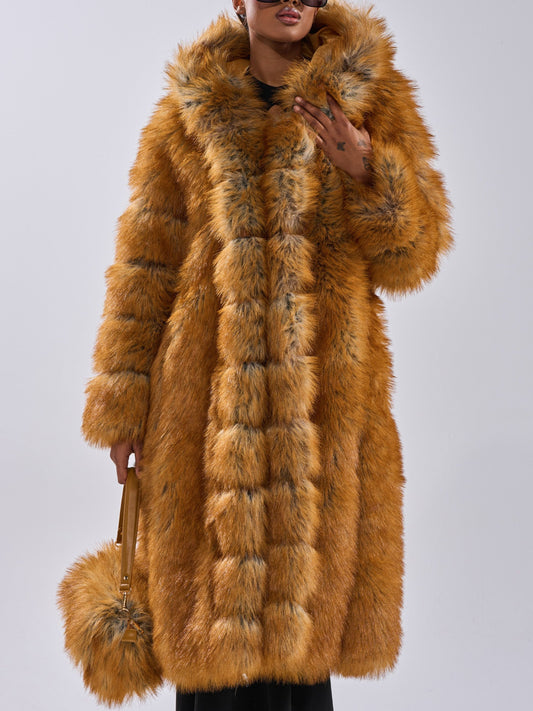 Camel Fox Fur Longline Hooded Coat