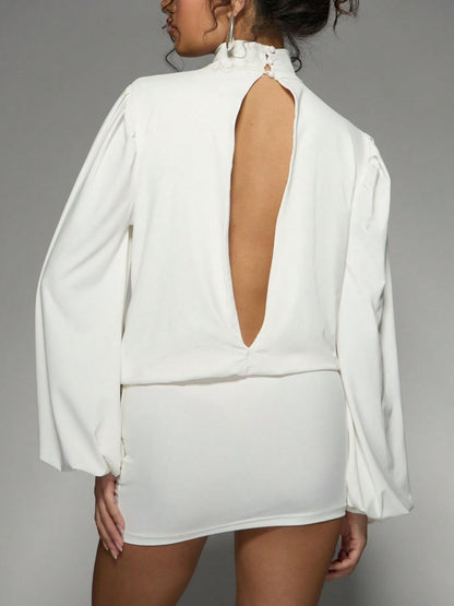 Elegant Choker Neck Draped Puff Sleeve Wrap Style Short Dress