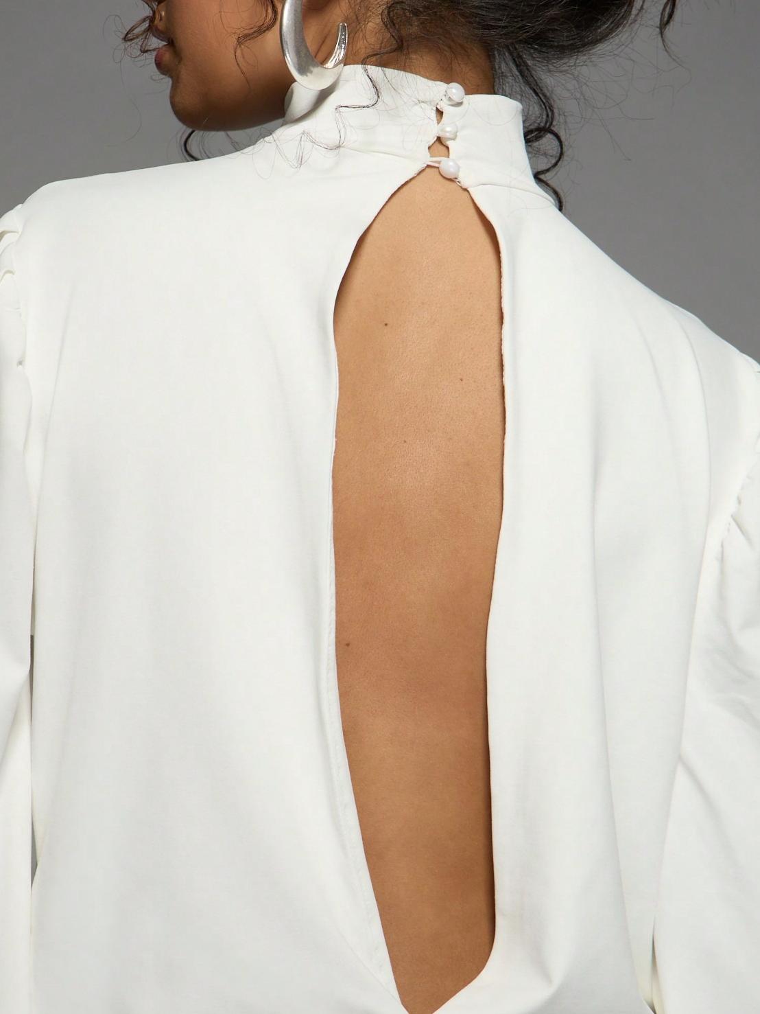 Elegant Choker Neck Draped Puff Sleeve Wrap Style Short Dress