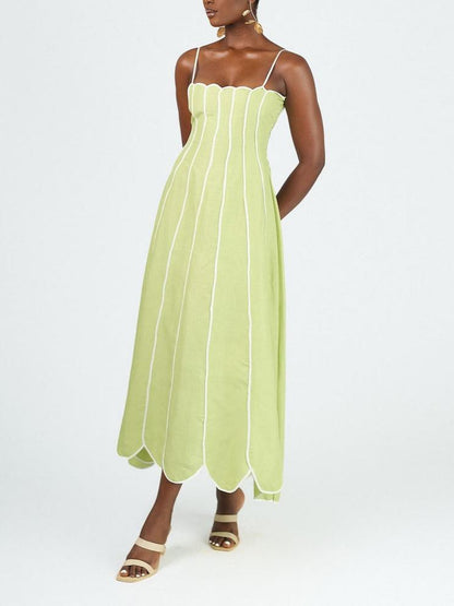 Scalloped Edge Lime Linen Maxi Dress