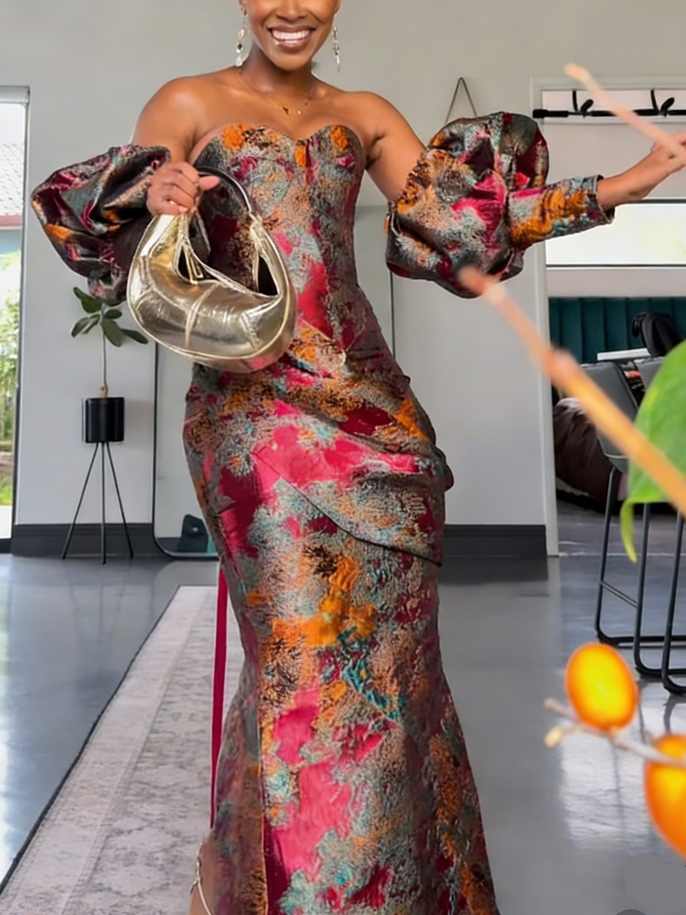 Glamorous Floral Brocade Off-Shoulder Flower-bud Sleeve Maxi Dress