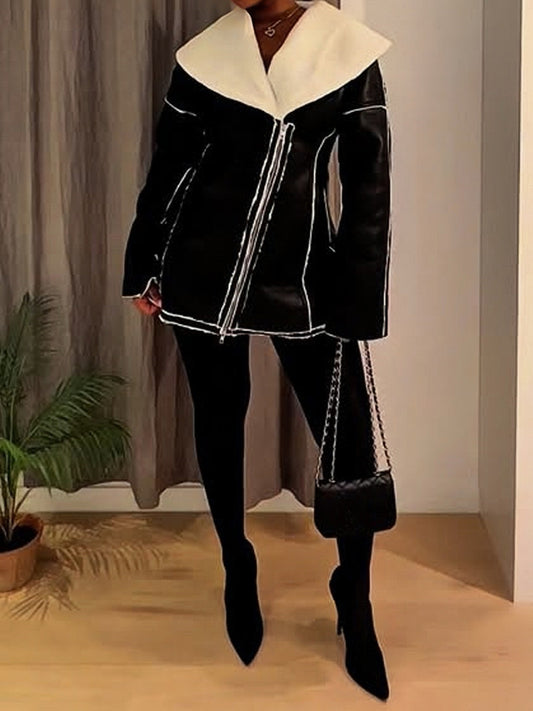 Shearling Lapel Zipper Pockets Jacket