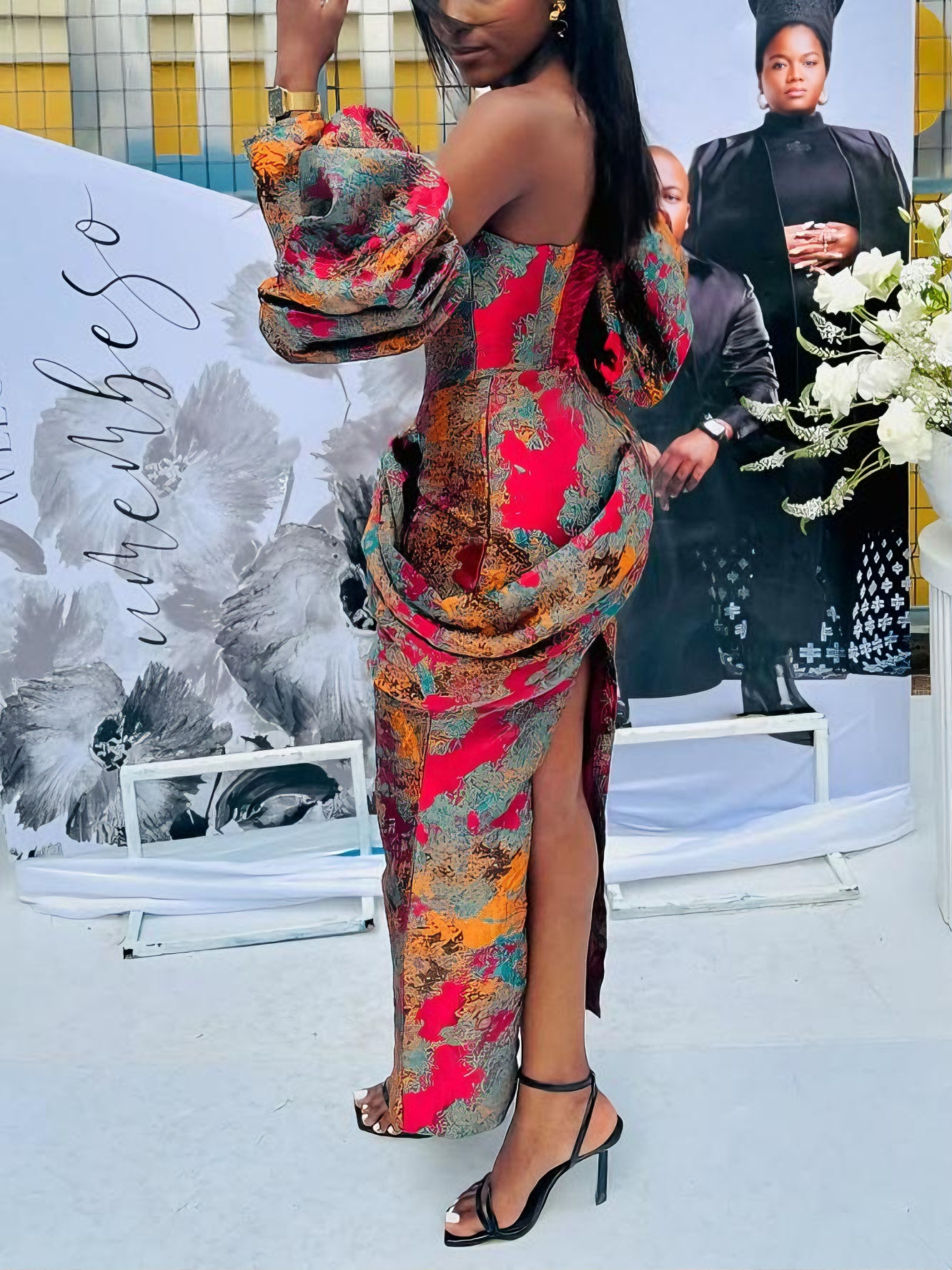 Glamorous Floral Brocade Off-Shoulder Flower-bud Sleeve Maxi Dress