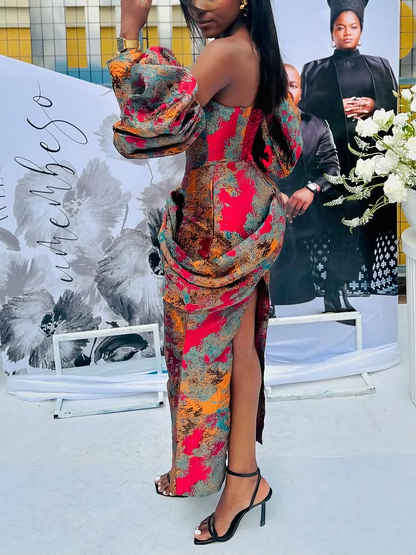 Glamorous Floral Brocade Off-Shoulder Flower-bud Sleeve Maxi Dress