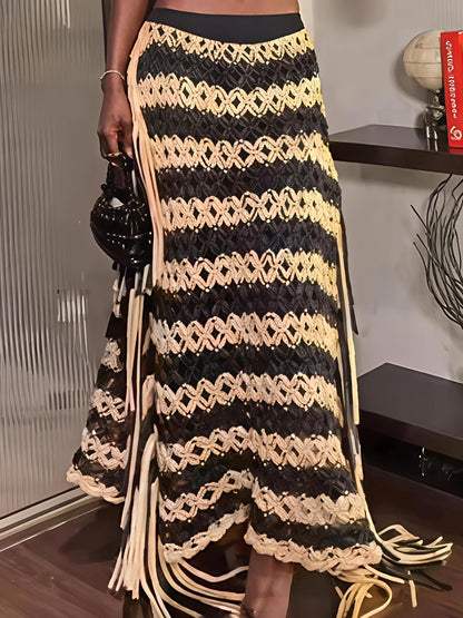 Black & Beige Macramé Striped Fringe Midi Skirt