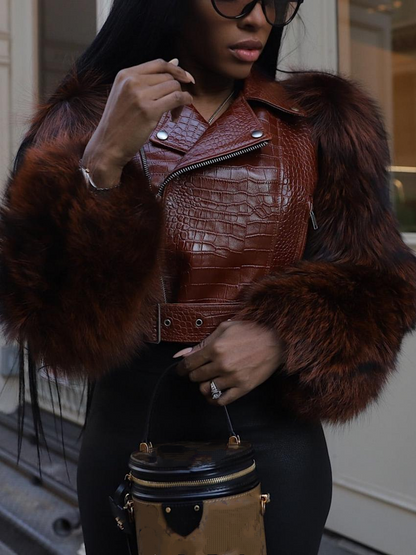 Luxury Chestnut Crocodile-Effect Leather Fluffy Fur Sleeves Moto Jacket