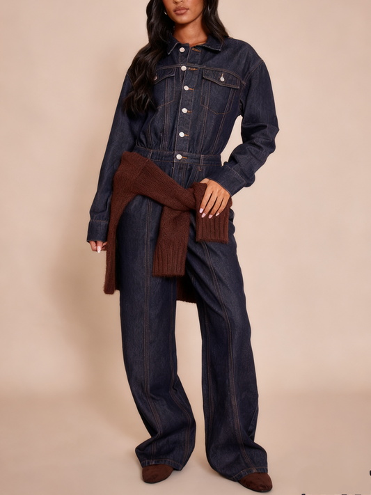 Stylish Long Sleeve Denim Jumpsuit