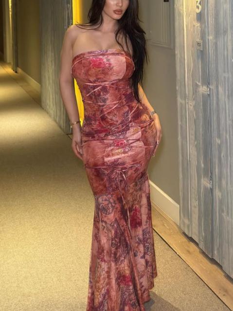 Watercolor Floral Strapless Mermaid Maxi Dress