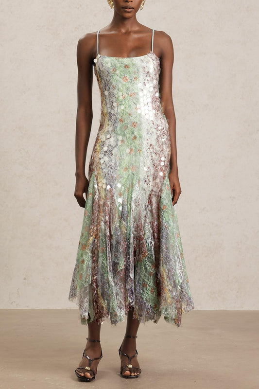 Watercolor Floral Sequin Mesh Midi Dress