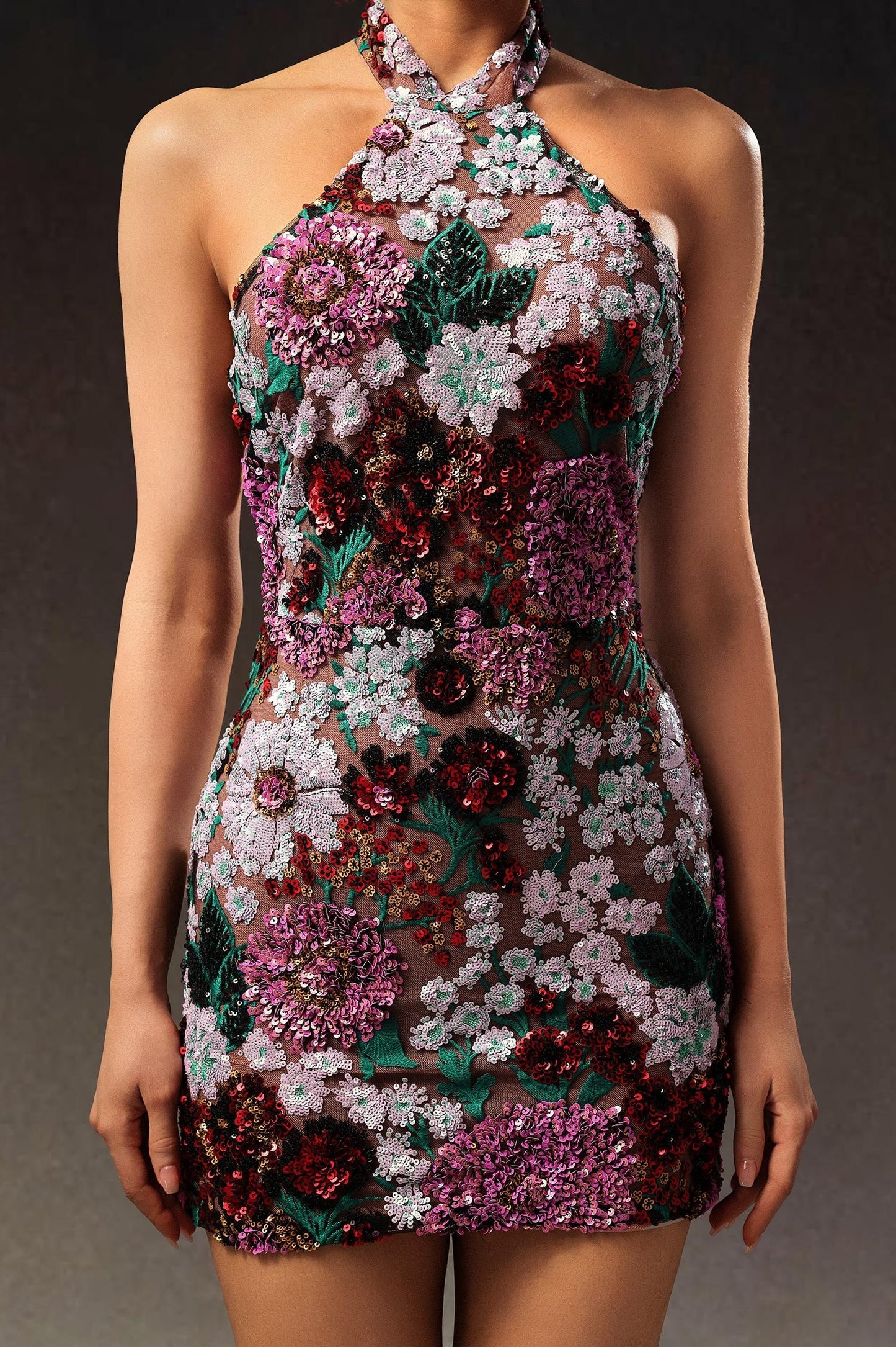 Floral Sequin Embellished Halter Mini Dress