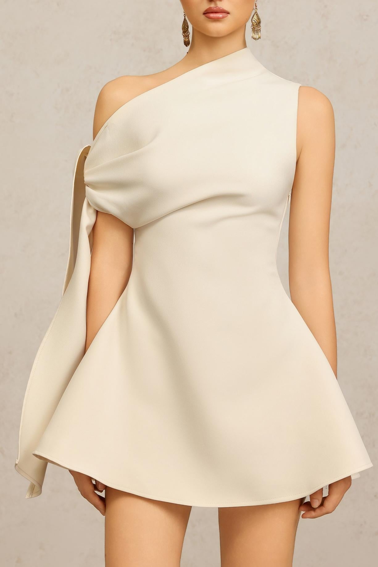 Ivory One-Shoulder Draped Mini Dress with Tie Detail